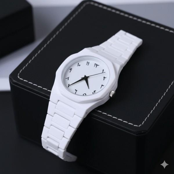 whitewatch (4) Men White Arabic Aura Wrist Watch